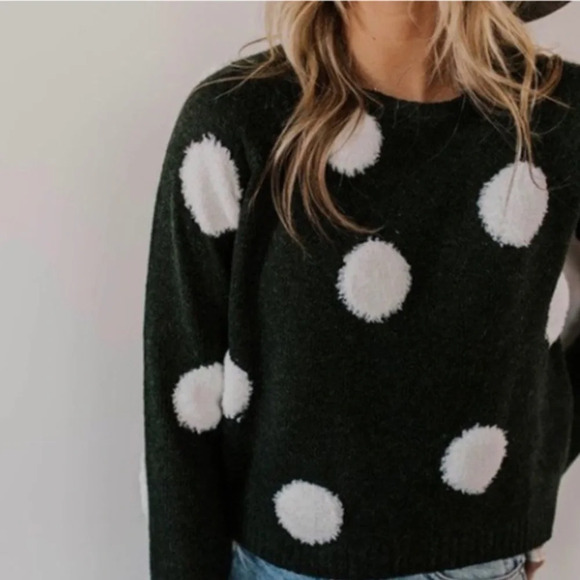 Lumiere Fuzzy Crew Neck Sweater Green White polka dots size Large NWT - Picture 1 of 9